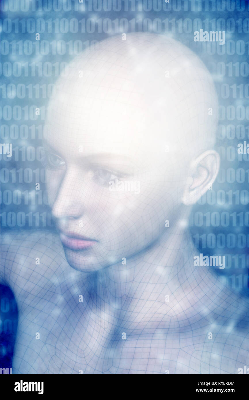 Cabeza humanoide femenina como concepto de la Inteligencia Artificial y las futuras generaciones de seres humanos y personajes creados digitalmente Foto de stock