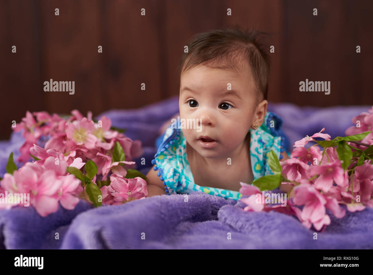 Retrato de cute little girl acostado en flores antecedentes Foto de stock
