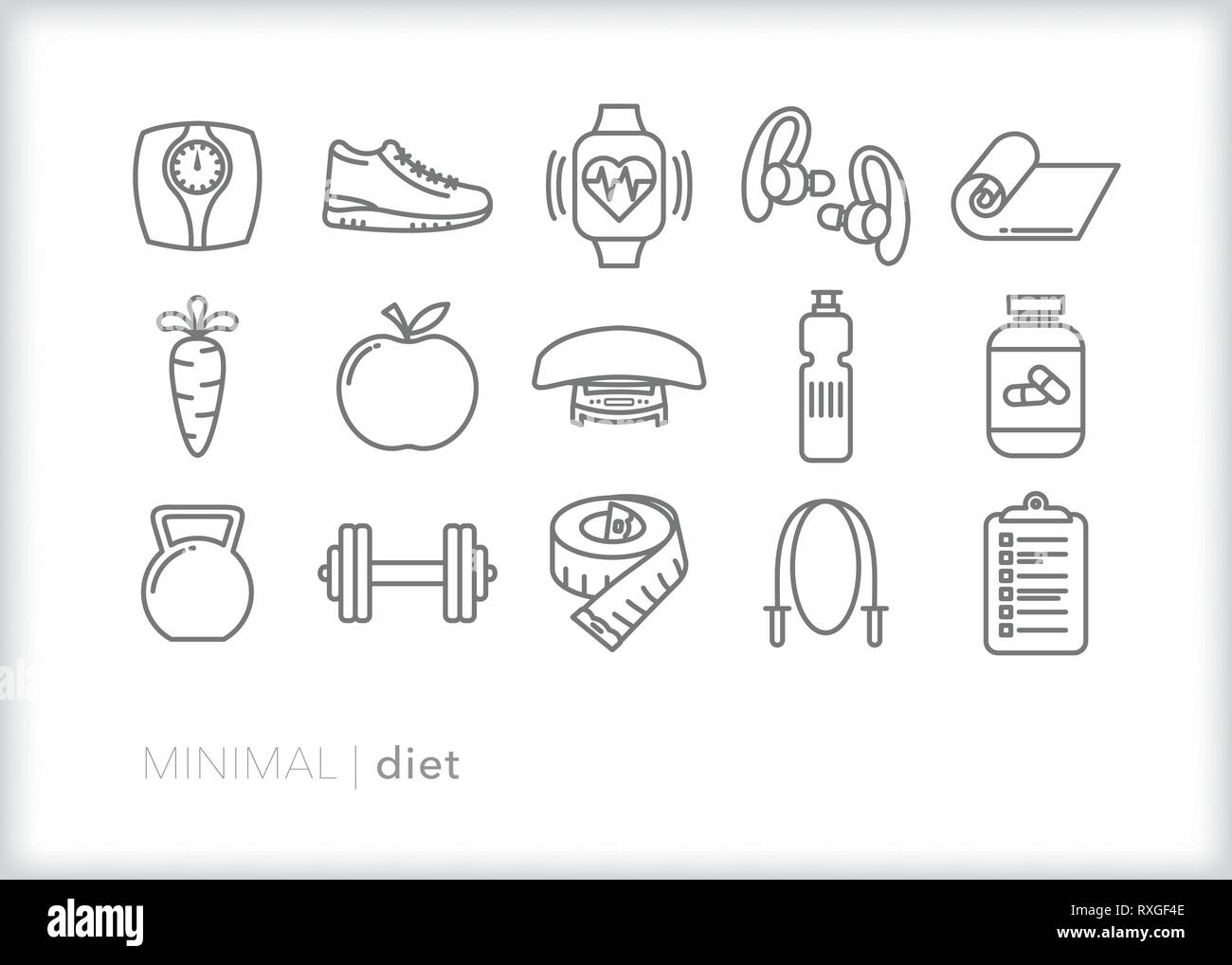 Set de 15 iconos de la línea de la dieta para comer sano, ejercitarse, estiramientos, siendo activo, gimnasio y perder peso Ilustración del Vector