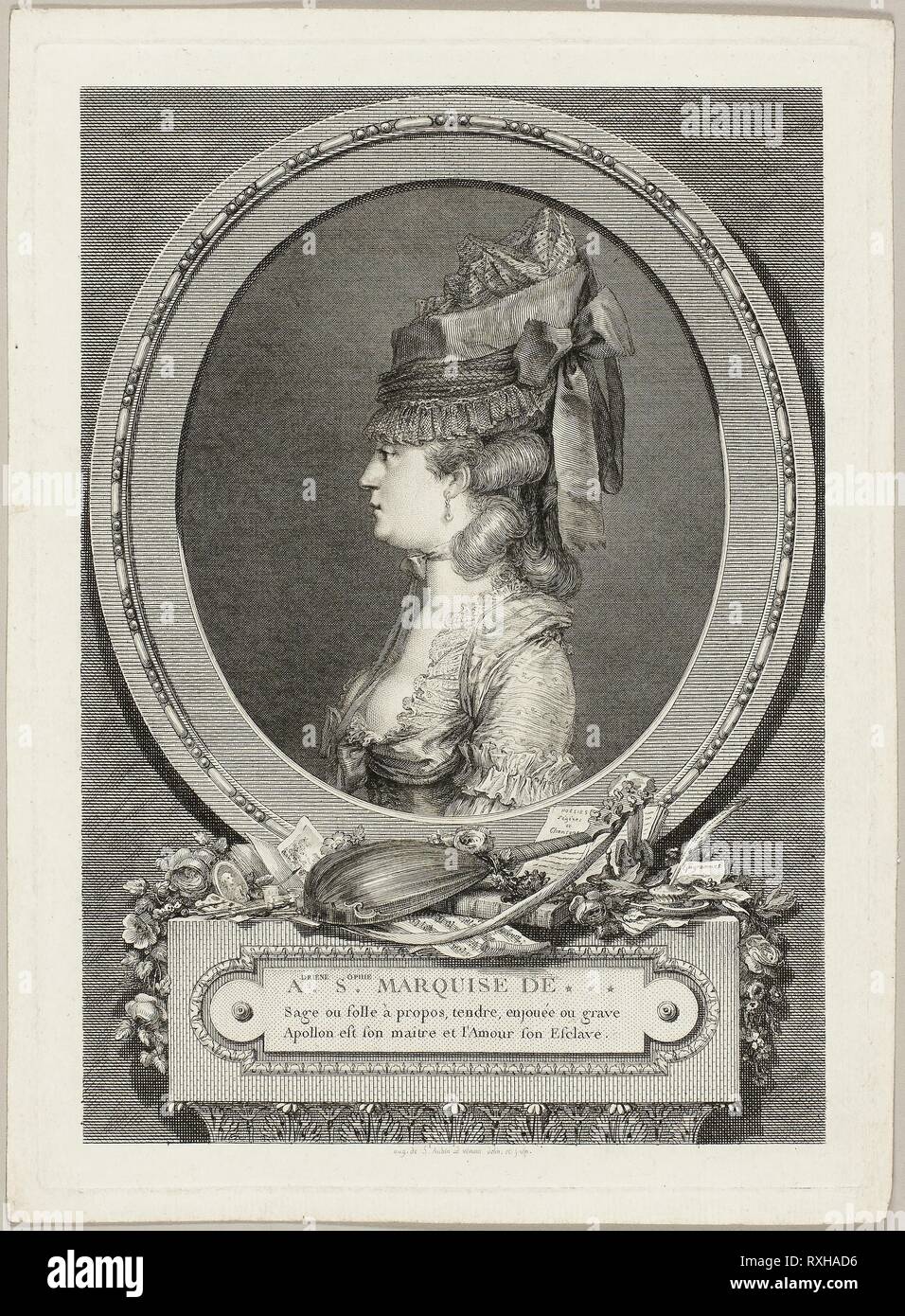Adrienne-Sophie, Marquesa de ***. Agustín de Saint-Aubin; francés, 1736-1807. Fecha: 1779. Dimensiones: 260 x 183 mm (imagen); 284 × 205 mm (placa); 300 × 218 mm (hoja). Aguafuerte y grabado en negro sobre papel establecido de marfil. Origen: Francia. Museo: El Instituto de Arte de Chicago. Foto de stock