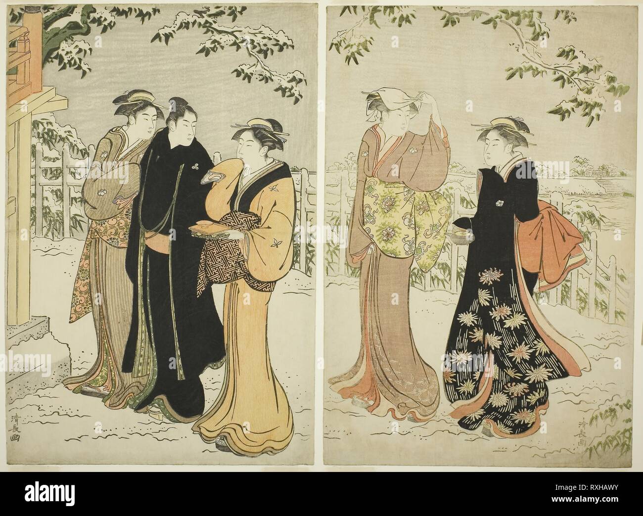 Colina Matsuchi después de las nevadas. Torii Kiyonaga; Japonés, 1752-1815. Fecha: 1780-1790. Dimensiones: 38,8 x 52,2 cm (en general), 38,6 x 26,2 cm (derecha), hojas de 38,8 x 26,3 cm hoja (a la izquierda). Grabado en madera de color; oban díptico. Origen: Japón. Museo: El Instituto de Arte de Chicago. Foto de stock