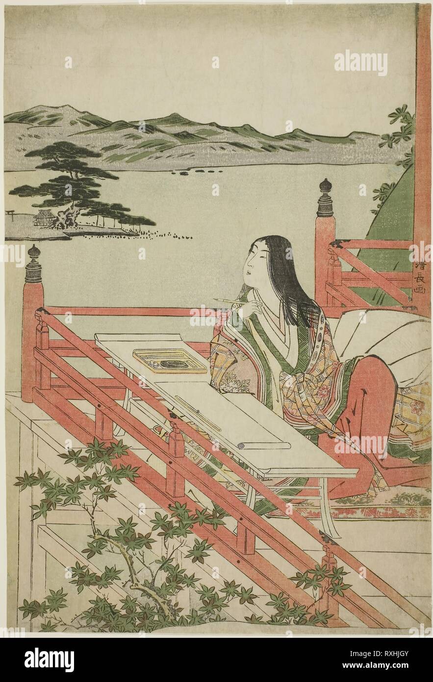 Murasaki Shikibu. Torii Kiyonaga; Japonés, 1752-1815. Fecha: 1779-1789. Dimensiones: 36,1 x 24,5 cm. Grabado en madera de color; Oban. Origen: Japón. Museo: El Instituto de Arte de Chicago. Foto de stock
