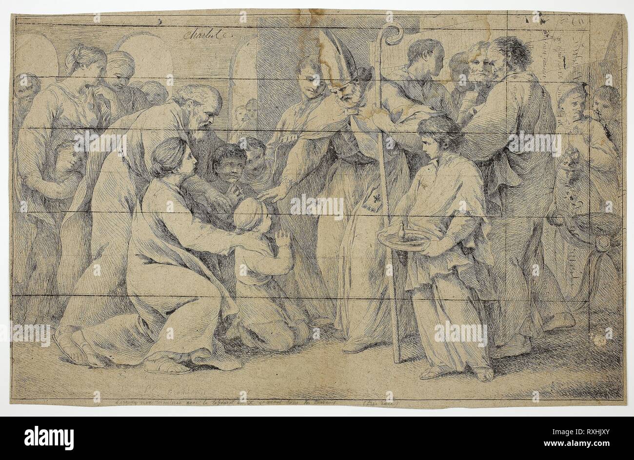 La confirmación. Pierre Charles Trémolières; francés, 1703-1739. Fecha: 1725-1735. Dimensiones: 270 x 421 mm. Aguafuerte en color marrón a marrón sentado el papel. Origen: Francia. Museo: El Instituto de Arte de Chicago. Foto de stock