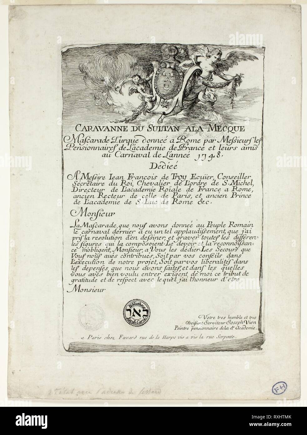 Página de título, de Caravanne du Sultan à la Mecque. Joseph Marie Vien; francés, 1716-1809. Fecha: 1748. Dimensiones: 201 x 132 mm (imagen/placa); 255 × 189 mm (hoja). Aguafuerte sobre papel establecido de marfil. Origen: Francia. Museo: El Instituto de Arte de Chicago. Foto de stock