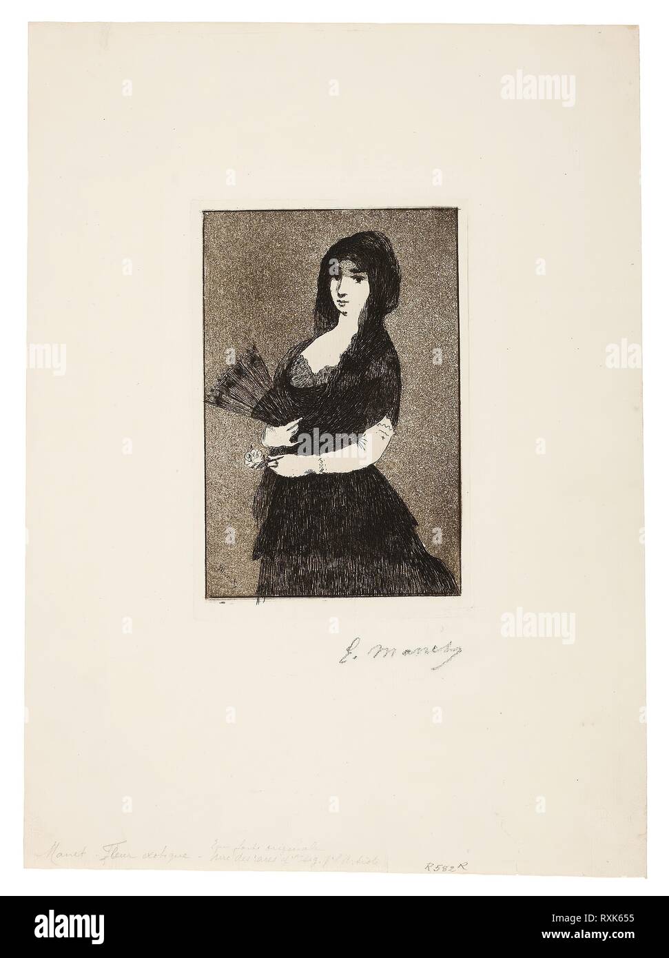 Flores Exóticas (Mujer en una mantilla). Édouard Manet (Francés, 1832-1883); publicado por Philippe Burty (Francés, 1830-1890); escrito por Armand Renaud (Francés, 1836-1895). Fecha: 1868. Dimensiones: 162 x 106 mm (imagen); 175 × 116 mm (placa); 353 × 257 mm (hoja). Aguafuerte y Aguatinta en caliente negro sobre papel establecido de marfil. Origen: Francia. Museo: El Instituto de Arte de Chicago. Foto de stock