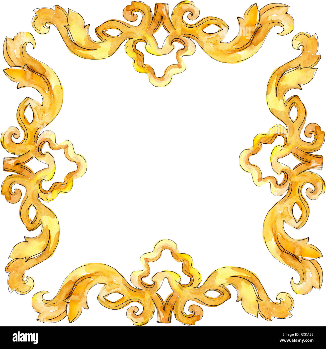 El monograma de oro ornamento floral. Ilustración de fondo de acuarela. Ornamento de borde de marco cuadrado. Foto de stock