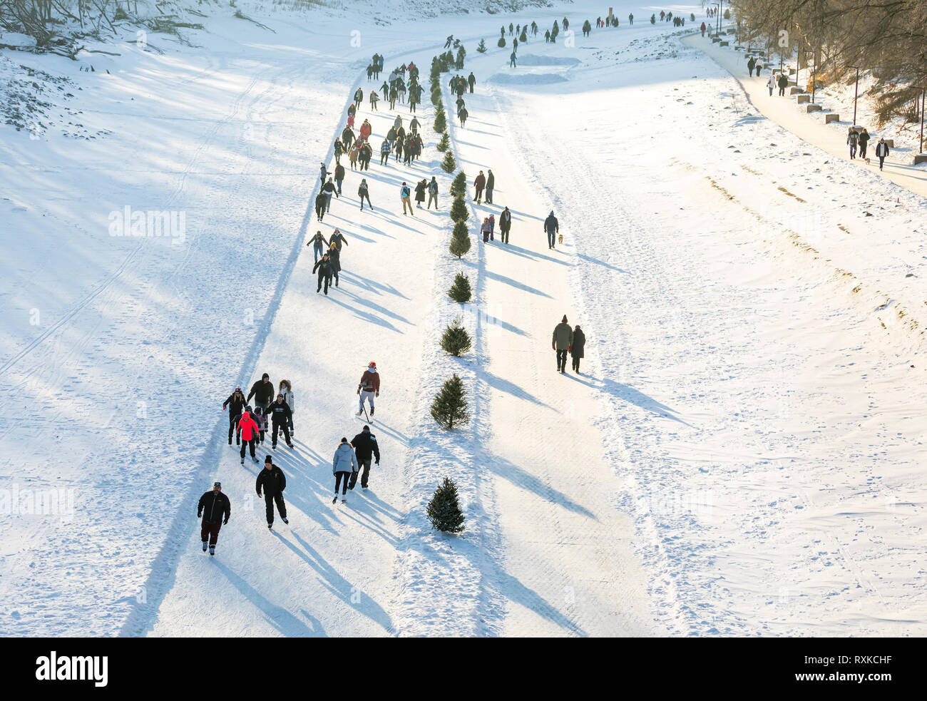 Patinar sobre hielo en el río Assiniboine, parte de la Red River Trail mutua en las horquillas, Winnipeg, Manitoba, Canadá. Foto de stock