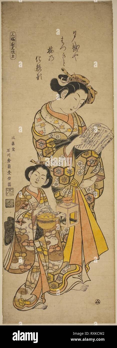 Cortesana de Osaka y sus consiguientes, izquierda hoja de un tríptico de bellezas de las tres capitales (hidari Sanpukutsui Osaka). Ishikawa Toyonobu; Japonés, 1711-1785. Fecha: 1740-1750. Dimensiones: 66,3 x 23,1 cm (26" x 9 1/8"). Grabado en madera pintado a mano; amplia hashira-e, beni-e. Origen: Japón. Museo: El Instituto de Arte de Chicago. Foto de stock