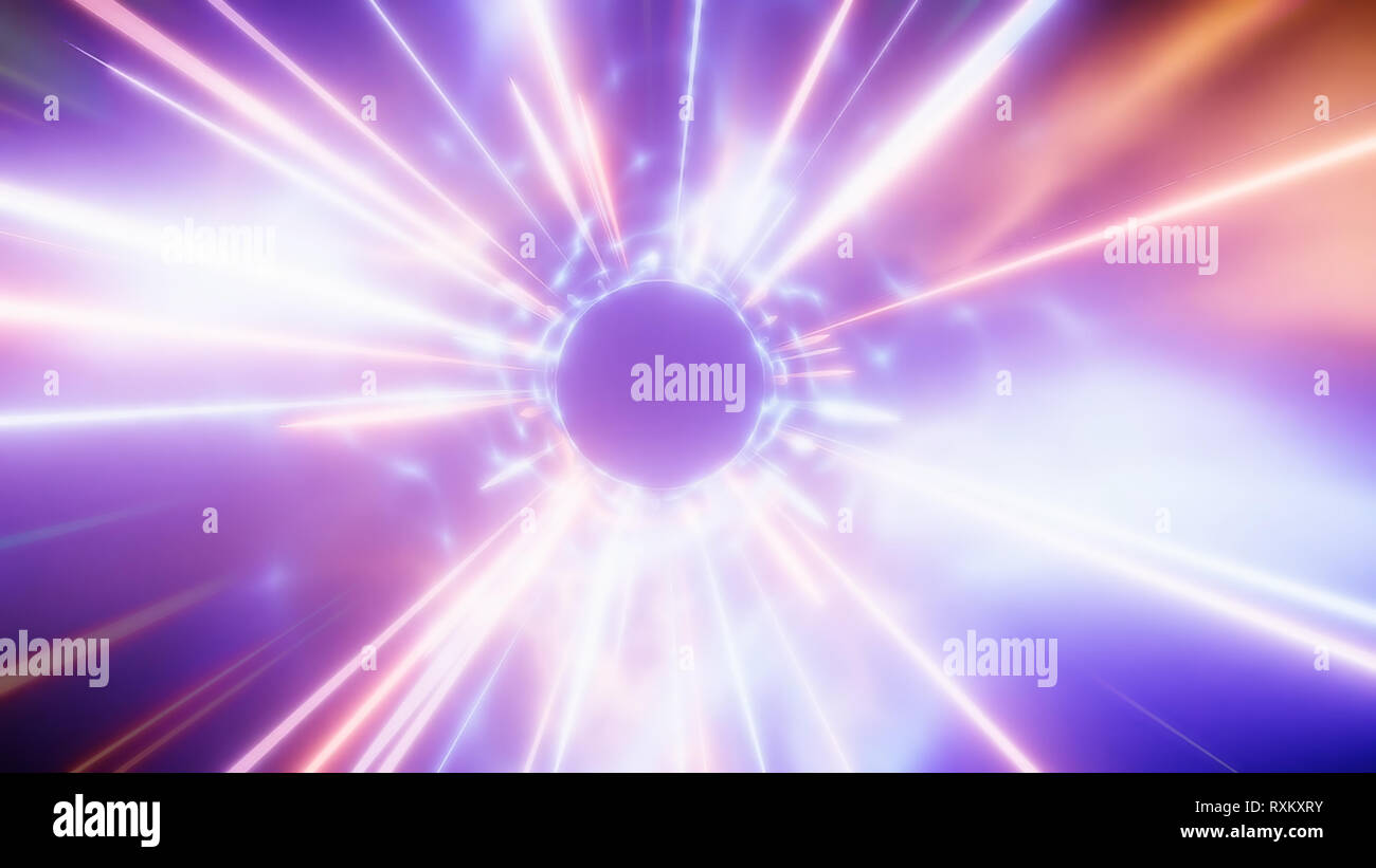 3D rendering de viajar en el tiempo y en el espacio a la velocidad de la luz. Visualización de alta energía de vuelo por el hiperespacio Foto de stock