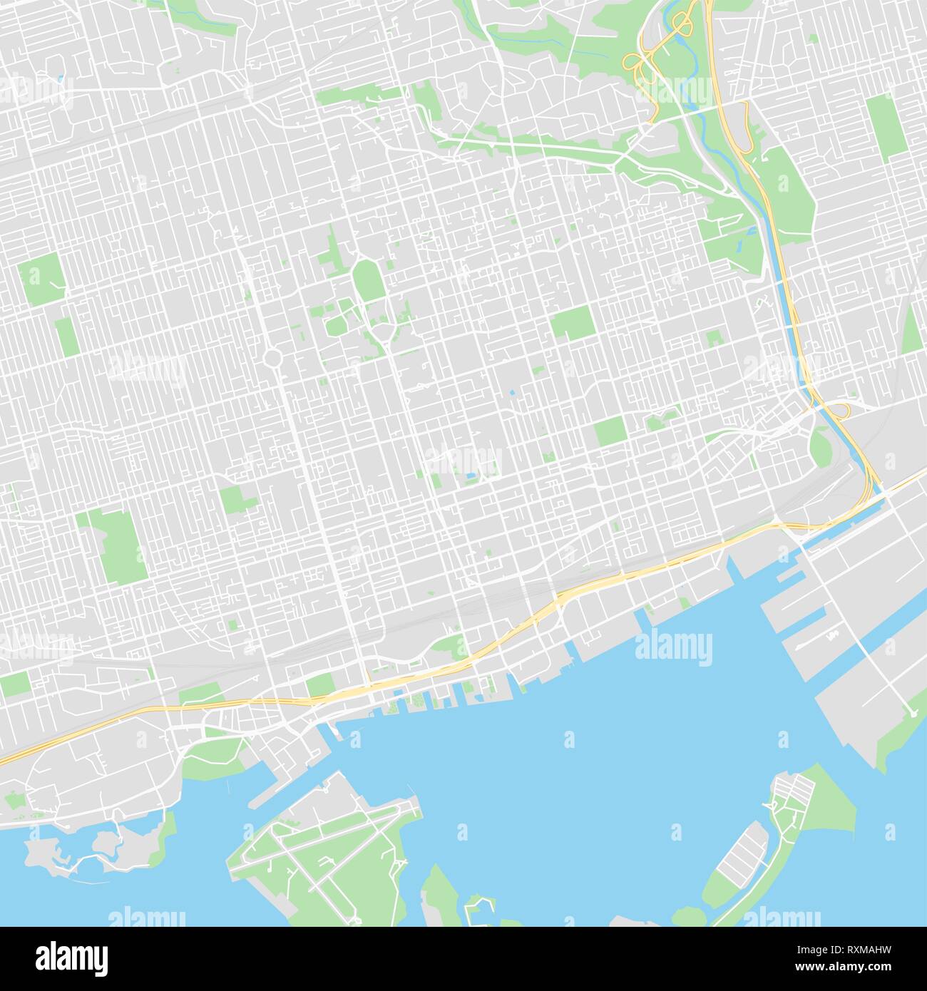 Mapa de vectores en el centro de Toronto, Canadá. Este mapa de Toronto contiene líneas y formas de colores clásicos para la masa de tierra, parques, agua, importantes y Ilustración del Vector