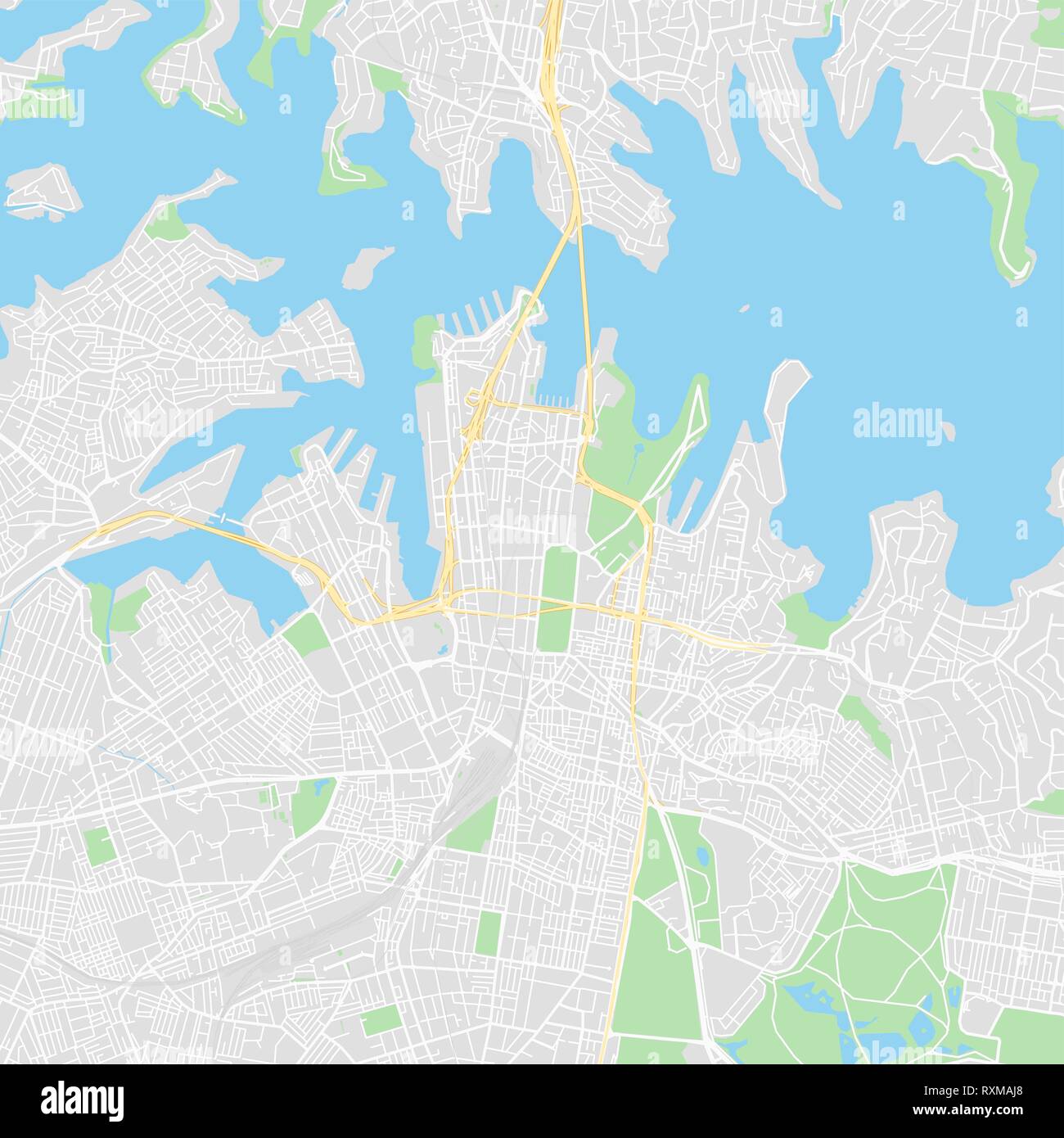 Mapa de vectores en el centro de Sydney, Australia. Este mapa de Sydney contiene líneas y formas de colores clásicos para la masa de tierra, parques de agua, un importante Ilustración del Vector