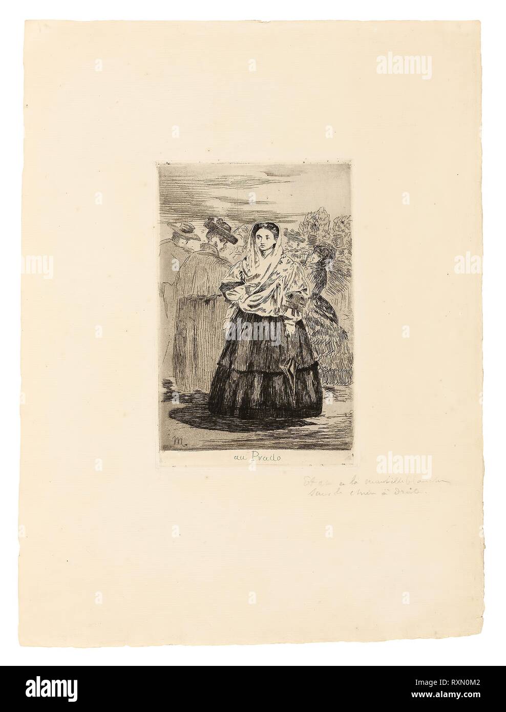 En el Prado I. Édouard Manet; francés, 1832-1883. Fecha: 1863. Dimensiones: 177 x 114 mm (imagen); 182 × 119 mm(placa); 369 × 274 mm (hoja). Aguafuerte y Aguatinta en negro sobre crema de papel establecido. Origen: Francia. Museo: El Instituto de Arte de Chicago. Foto de stock