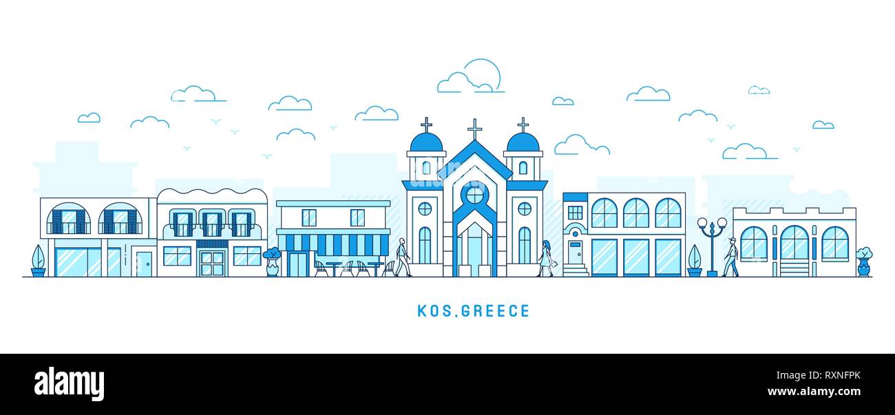 Línea de estilo arte Kos Grecia isla, Kefalos paisaje urbano, ciudad con casas de la calle y la iglesia, tiendas y cafés, árboles y nubes, poca gente, vector Ilustración del Vector