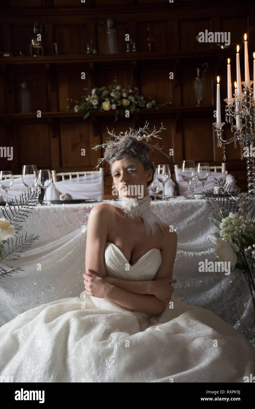 Una hermosa chica del Cáucaso en un vestido blanco plantea dramáticamente en un estilo gótico para una editorial photo shoot. El tema es de invierno Fotografía de stock -