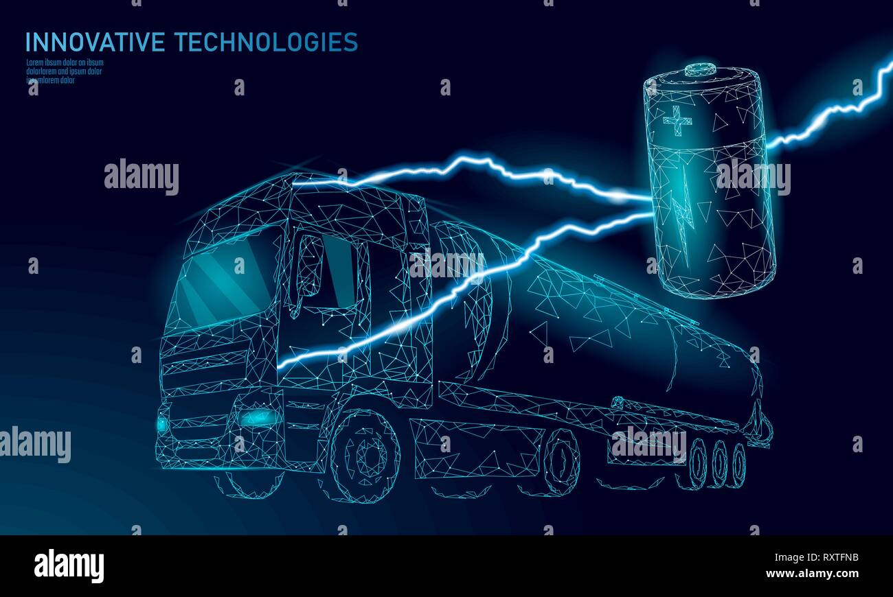 Alimentación eléctrica de la batería bajo la carretilla poly.recargable verde entorno ecológico del negocio del transporte de remolque. Rápida velocidad semi-remolque, vista en perspectiva Ilustración del Vector