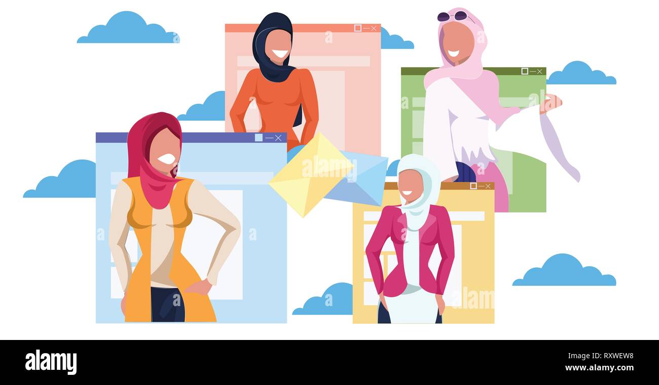 Las mujeres árabes en el hijab comunicación online sobre charlando concepto árabe las niñas en ropa tradicional mediante la aplicación de Internet Explorador web Imagen Vector de stock - Alamy