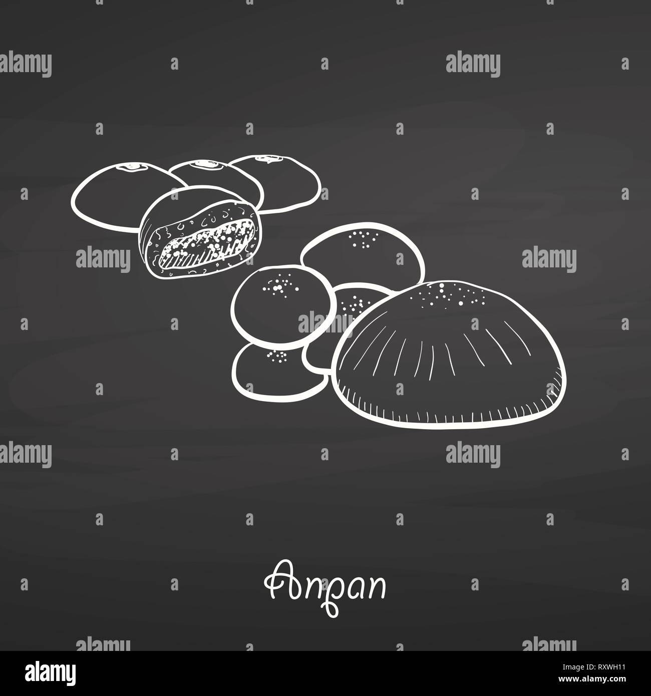Alimentos Anpan bosquejo en el pizarrón. Dibujo Vectorial de bollo dulce, generalmente conocido en Japón. Ilustración de la serie de alimentos. Ilustración del Vector