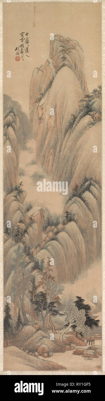 Paisajes, 1892. Ren Yu (China, 1853-1901). Desplácese colgantes, color en papel; total: 149.8 x 40.7 cm (59 x 16 Foto de stock