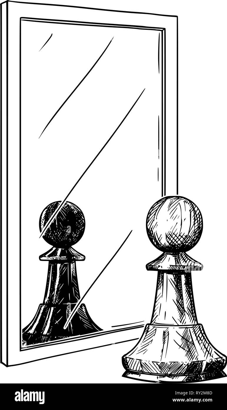 Caricatura Dibujo de Peón blanco de ajedrez reflejando en el espejo, como el negro, el bien y el mal la metáfora Ilustración del Vector