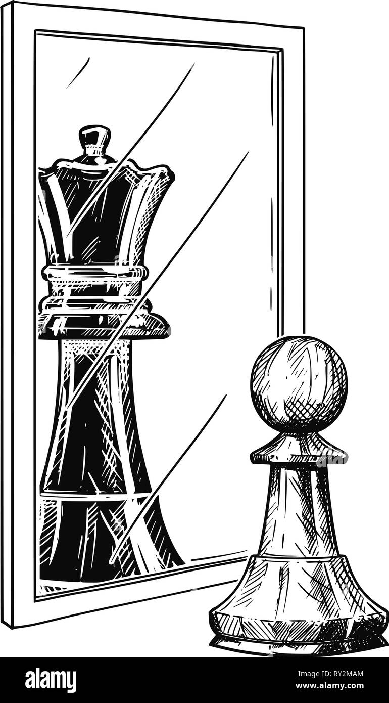 Caricatura Dibujo de Peón blanco de ajedrez reflejando en el espejo como Rey Negro, metáfora de confianza Ilustración del Vector