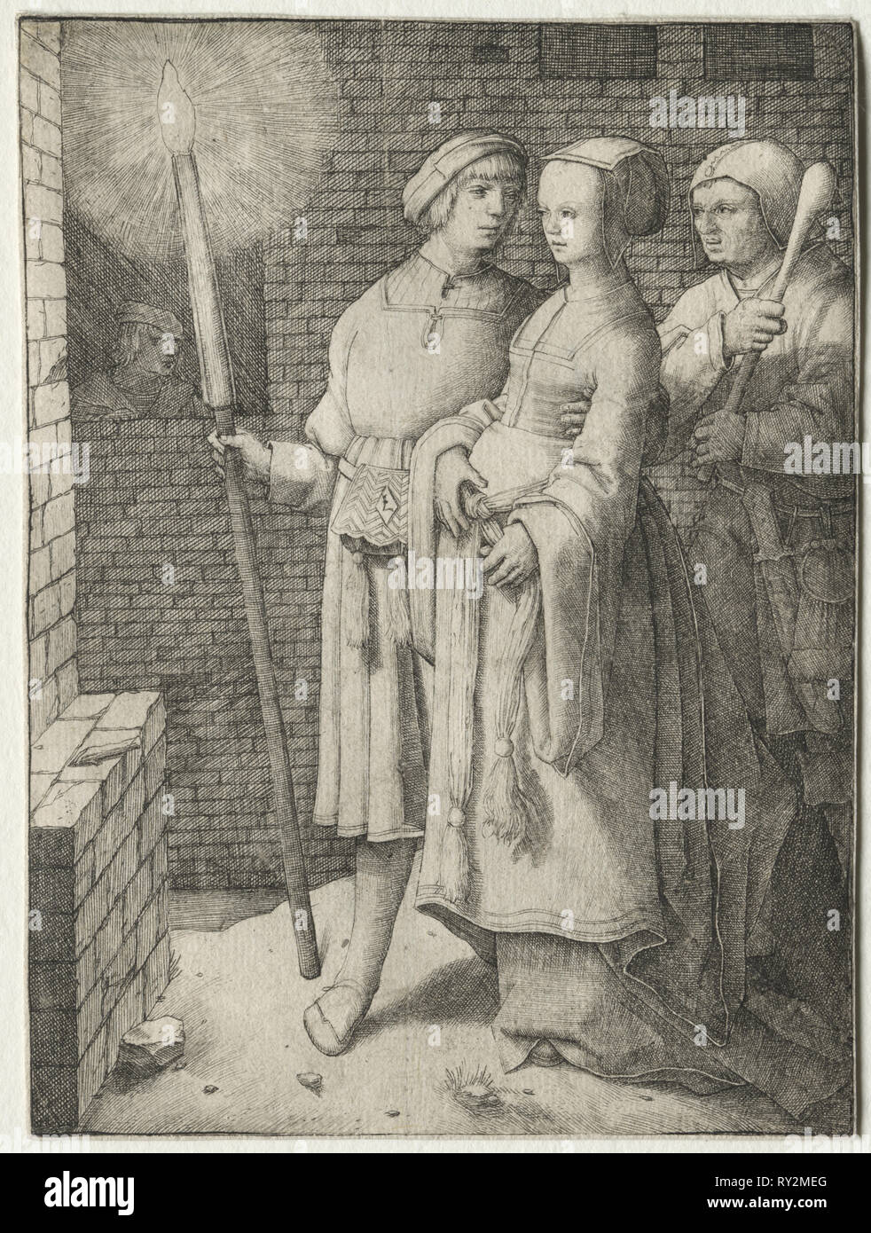 El hombre con la antorcha y una mujer seguida por un tonto, c. 1508. Lucas van Leyden (Holanda, 1494-1533). Grabado Foto de stock