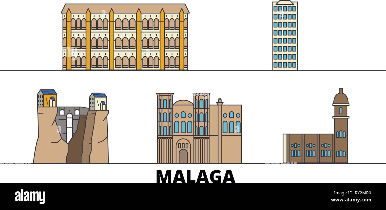 España, Málaga hitos plana ilustración vectorial. Línea Málaga ciudad con lugares turísticos famosos, horizonte, diseño. Ilustración del Vector