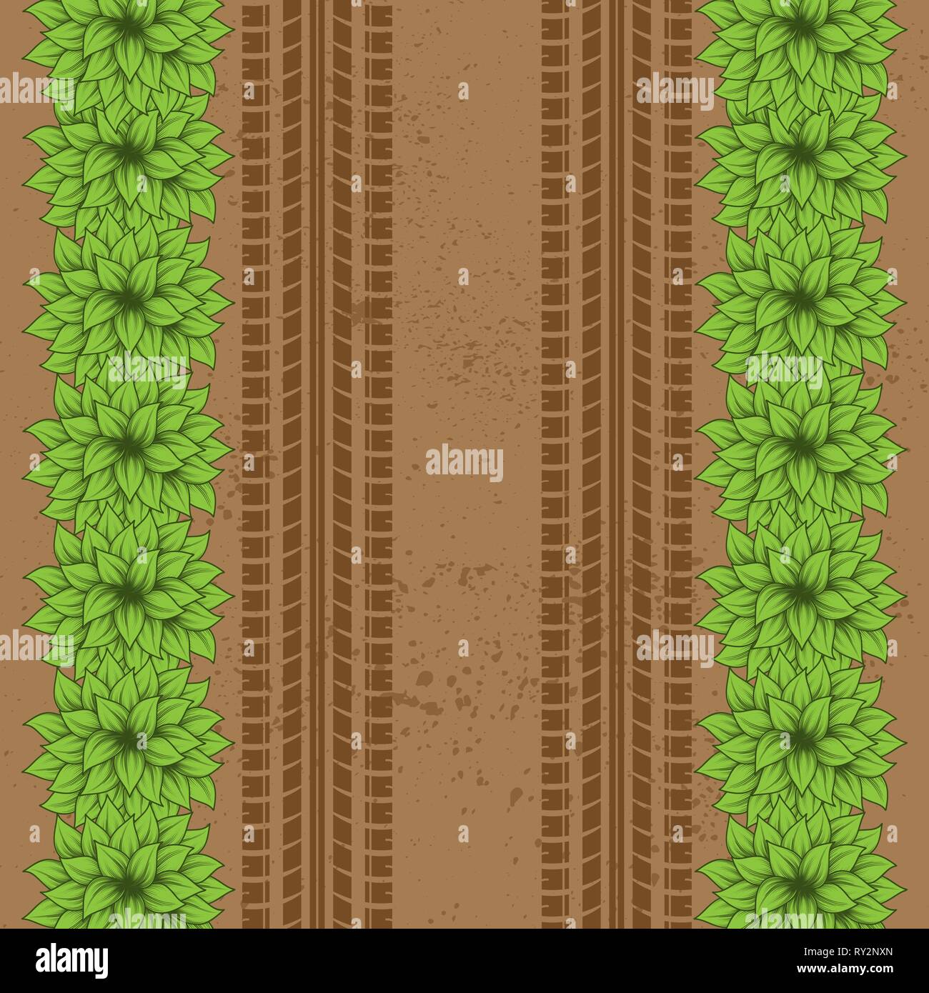 Tierra marrón Grunge antecedentes con las huellas de los neumáticos y arbustos verdes Ilustración del Vector