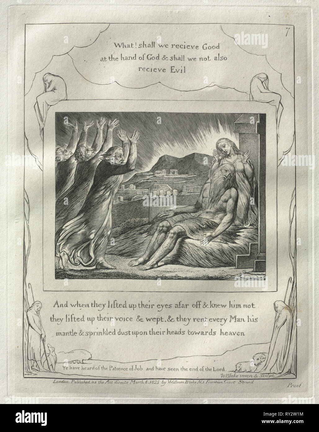 El libro de Job: nº 7, y cuando se había alzando los ojos desde lejos y no le conocieron, alzaron su voz y lloraron, 1825. William Blake (británico, 1757-1827). Grabado Foto de stock