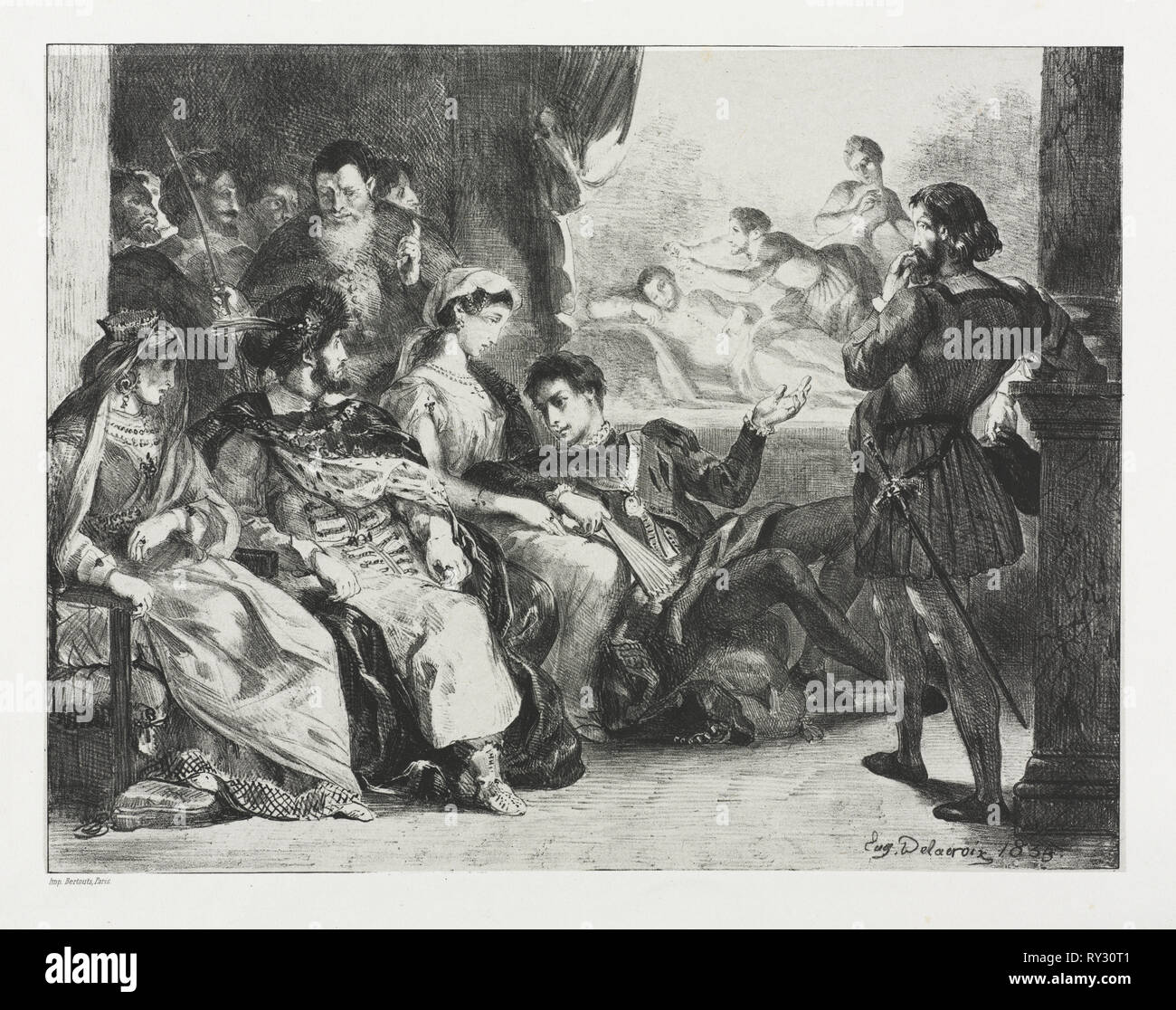 Hamlet: Hamlet ordena a los actores para hacer una escena del envenenamiento de su padre, de 1834. Eugène Delacroix (Francés, 1798-1863). Litografía Foto de stock