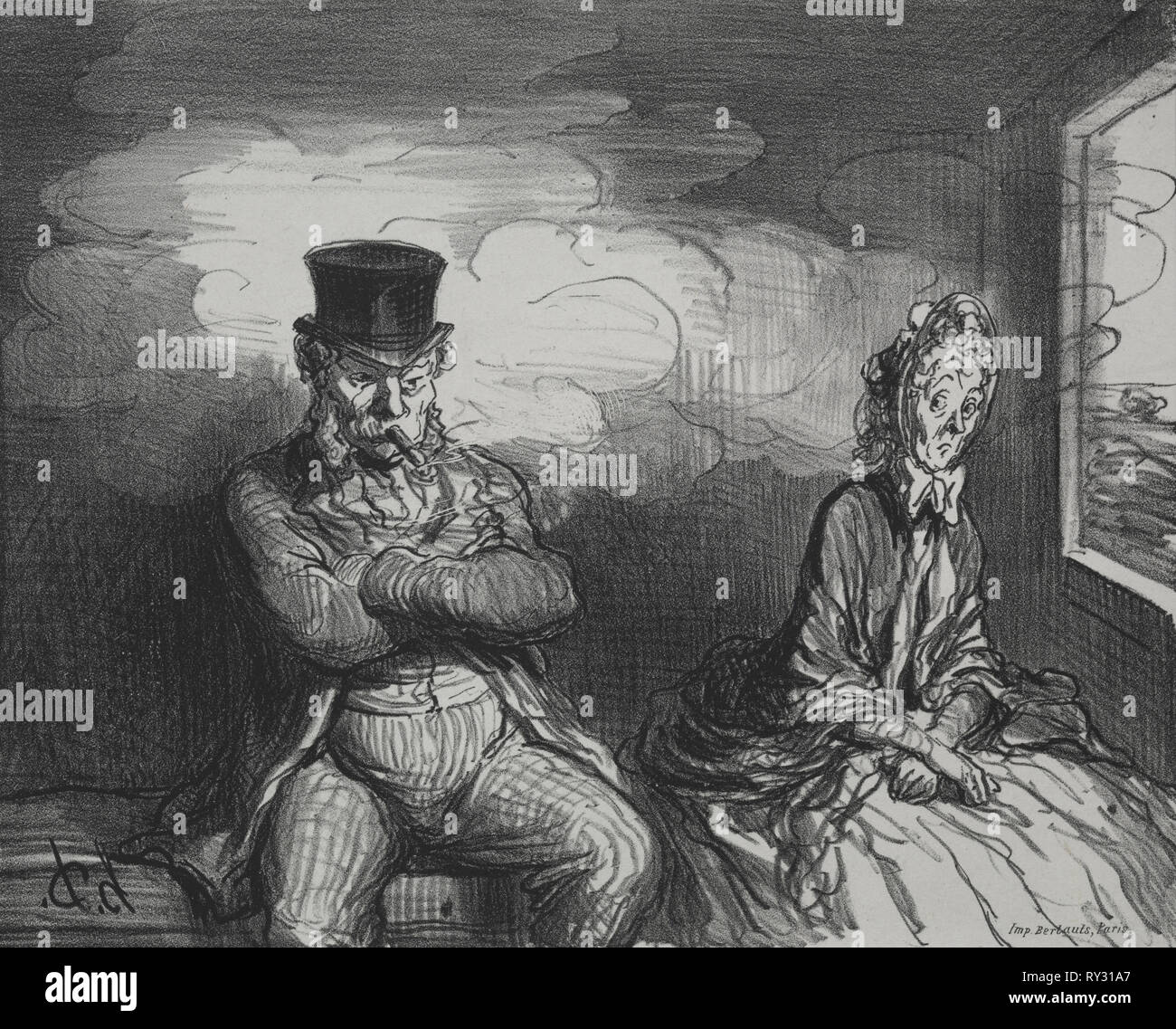Publicado en le Boulevard (21 Septiembre 1862): En el tren: un agradable compañero, 1862. Honoré Daumier (Francés, 1808-1879), Bertauts. Litografía; hoja: 31,2 x 44,1 cm (12 5/16 x 17 3/8 pulg.); imagen: 19,6 x 24,3 cm (7 11/16 x 9 9/16 pulg. Foto de stock