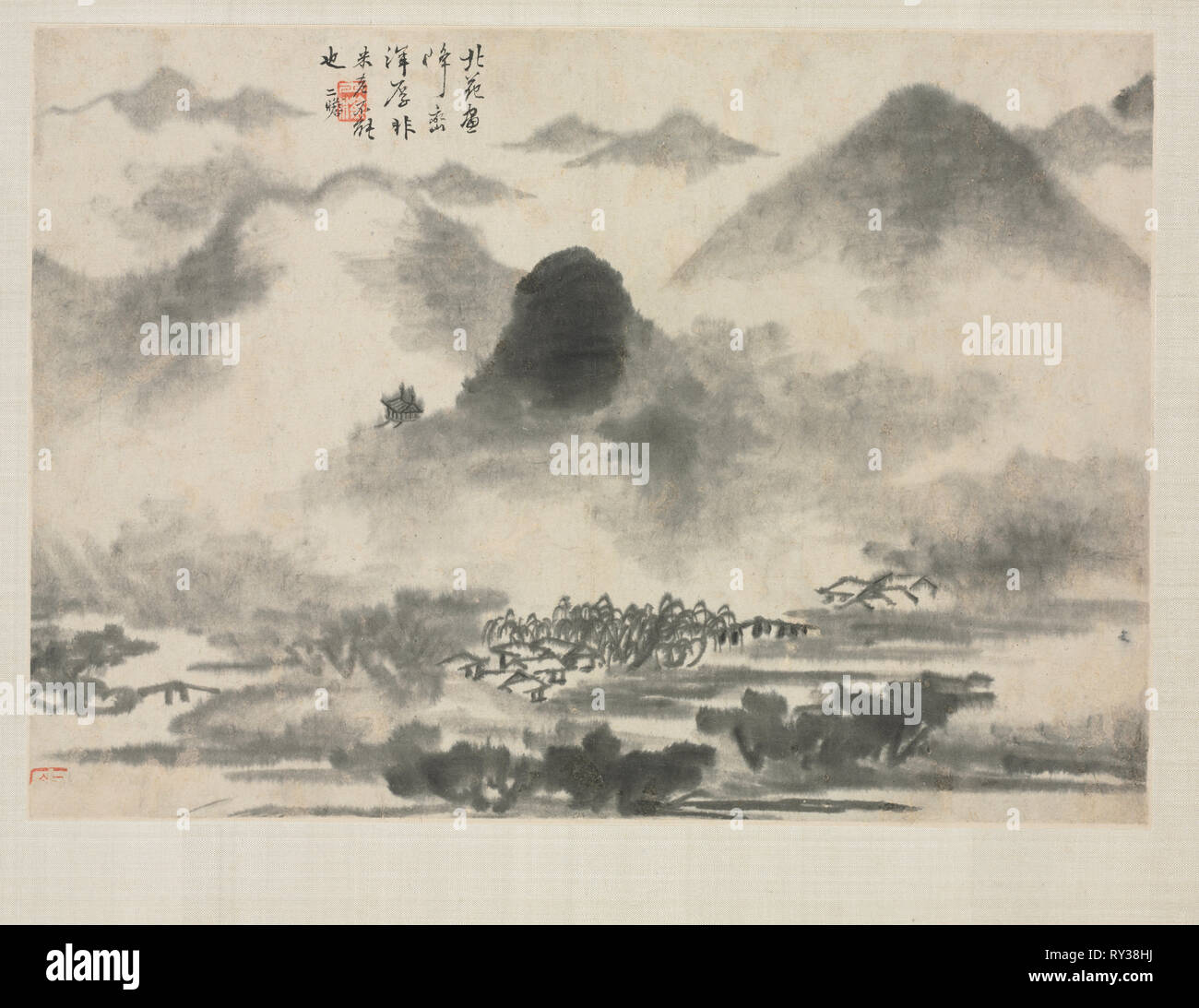 Álbum del paisaje en diversos estilos: Paisaje después de mi ife, 1684. Zha Shibiao (China, 1615-1698). Album leaf, tinta y color de luz en papel; total: 29,9 x 39,4 cm (11 3/4 x 15 1/2 pulg. Foto de stock