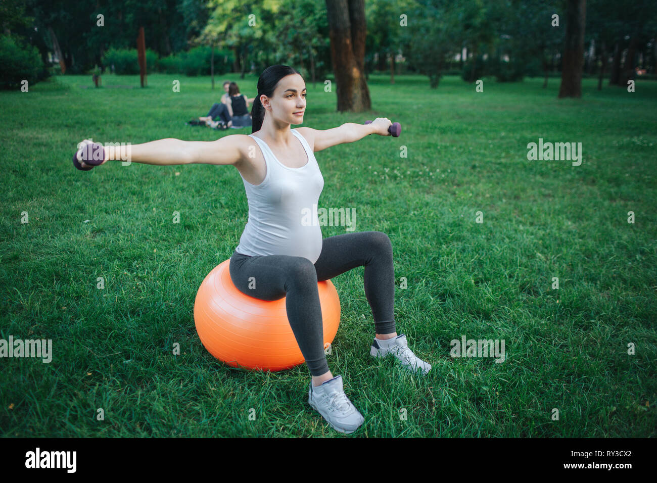 Bien construida de la joven embarazada sentarse en naranja pelota fitness y ejercicio en el parque. Que ella sostenga las pesas. Foto de stock