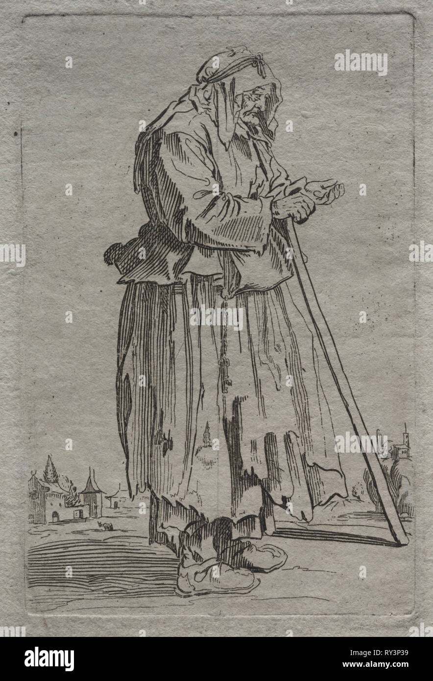 Mendiga vieja mujer, 1600. Francia, siglo XVII. Aguafuerte Foto de stock