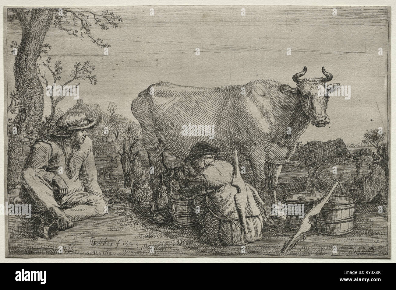 La lechera, 1643. Gerrit Claesz. Bleker (Holandés, 1656). Aguafuerte con tono; la superficie de la hoja: 15,7 x 24,1 cm (6 3/16" x 9 1/2" Foto de stock