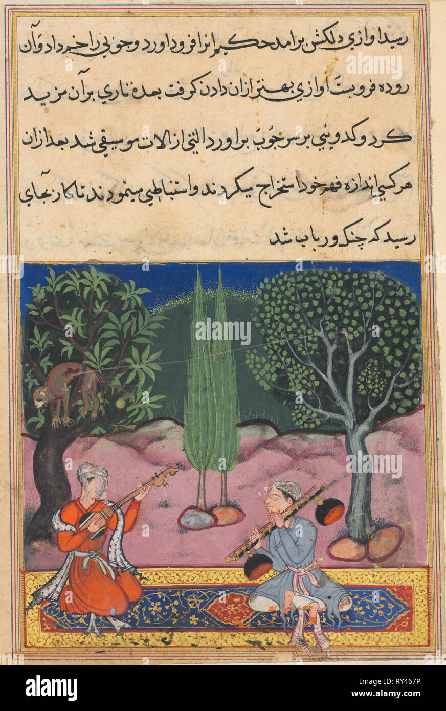Página de cuentos de un Loro (Tuti-nama): 14º noche: La invención de los  instrumentos musicales de los intestinos de un mono, c. 1560. La India  Mughal, el reinado de Akbar, siglo XVI.