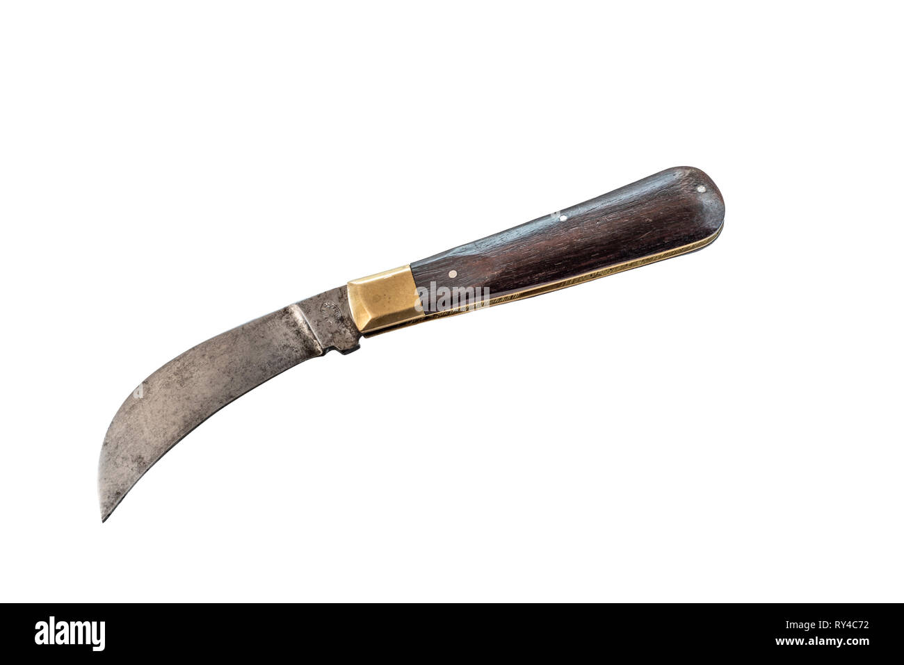 Plegado, poda de acero inoxidable, cuchilla con mango de madera.aislado en blanco. Foto de stock