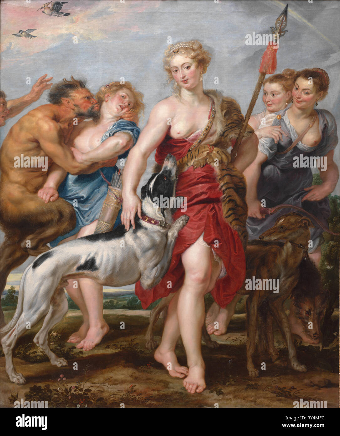 Diana y sus ninfas que salen para la caza, c. 1615. Taller y Peter Paul Rubens (flamenca, 1577-1640). Óleo sobre lienzo; enmarcado: 261 x 225 x 11 cm (102 3/4 x 88 9/16 x 4 5/16 in.); sin enmarcar: 216 x 178,7 cm (85 1/16 x 70 3/8 pulg. Foto de stock