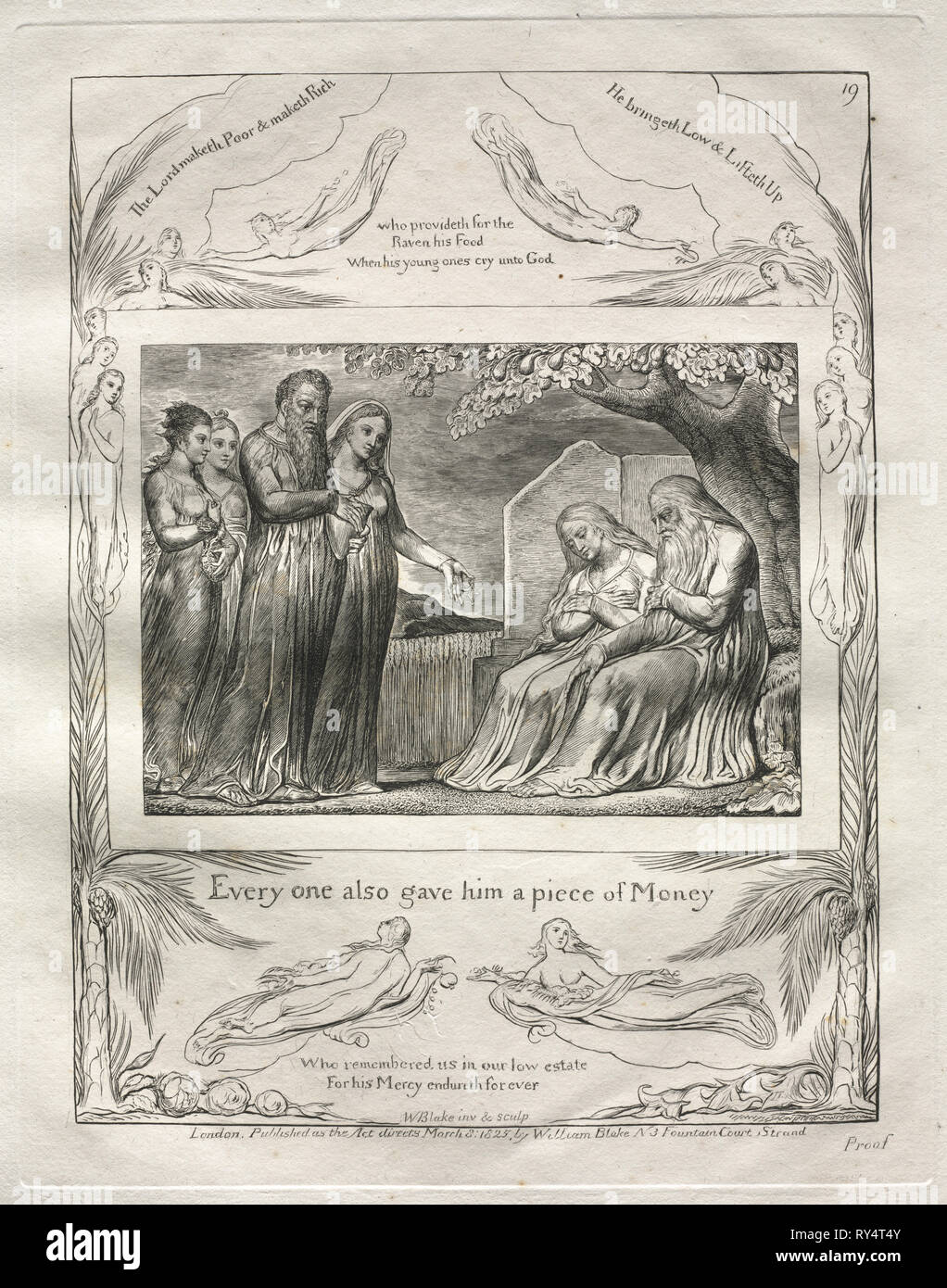 El libro de Job: Pl. 19, cada uno también le dio una pieza de dinero, de 1825. William Blake (británico, 1757-1827). Grabado Foto de stock