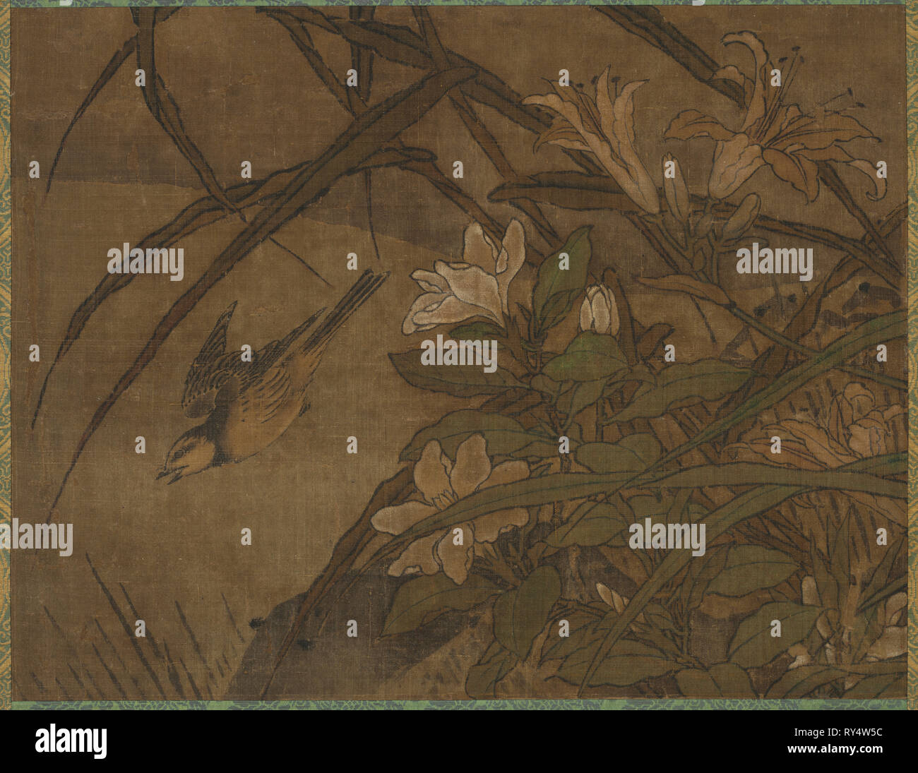 Pájaros y flores, a mediados de 1400-principios de 1500. Atribuyó a Sesshū Tōyō (japonés, 1420-1506). Par de pergaminos colgantes; tinta y color sobre seda; total: 117 x 58 cm (46 1/16 x 22 13/16 Foto de stock