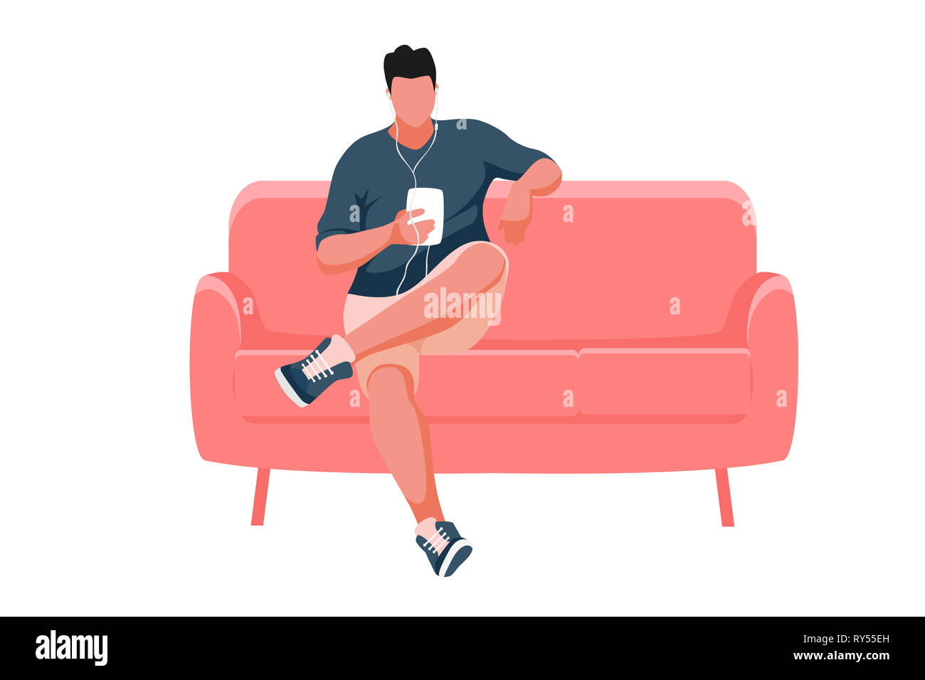 Hombre sentado en el sofá. El hombre escuchando música desde un smartphone.  ilustración Fotografía de stock - Alamy