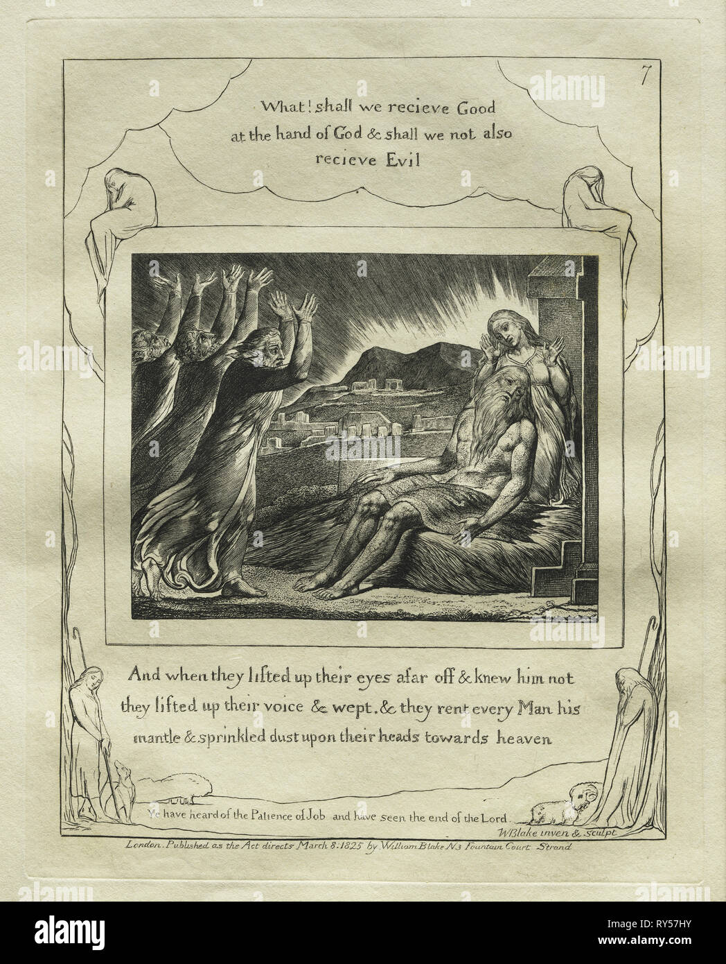 El libro de Job: Pl. 7 y cuando ellos alzaron sus ojos desde lejos y no le conocieron / alzaron su voz y lloraron, 1825. William Blake (británico, 1757-1827). Grabado Foto de stock
