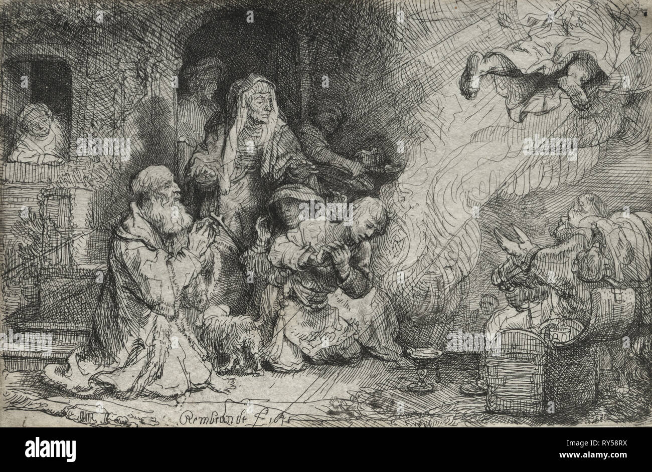 El Ángel partiendo desde la familia de Tobías, 1641. Rembrandt van Rijn (Holanda, 1606-1669). Aguafuerte y punta seca con el tono; mordida granular de la hoja: 10,1 x 15,4 cm (4 x 6 1/16 in. Foto de stock
