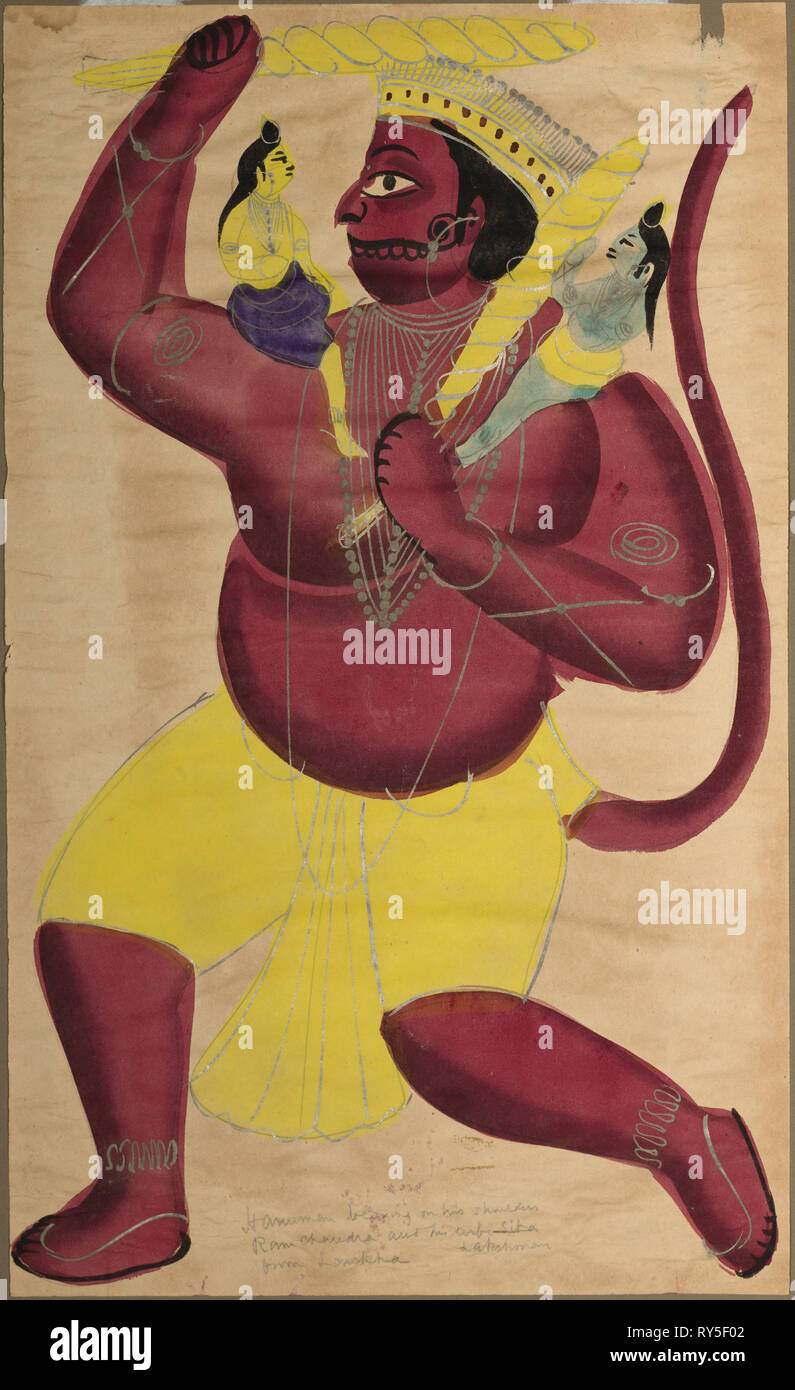 Hanuman, c. 1880. Kalighat, pintura del siglo XIX. Color sobre papel; total: 46 x 27,5 cm (18 1/8 x 10 13/16 Foto de stock