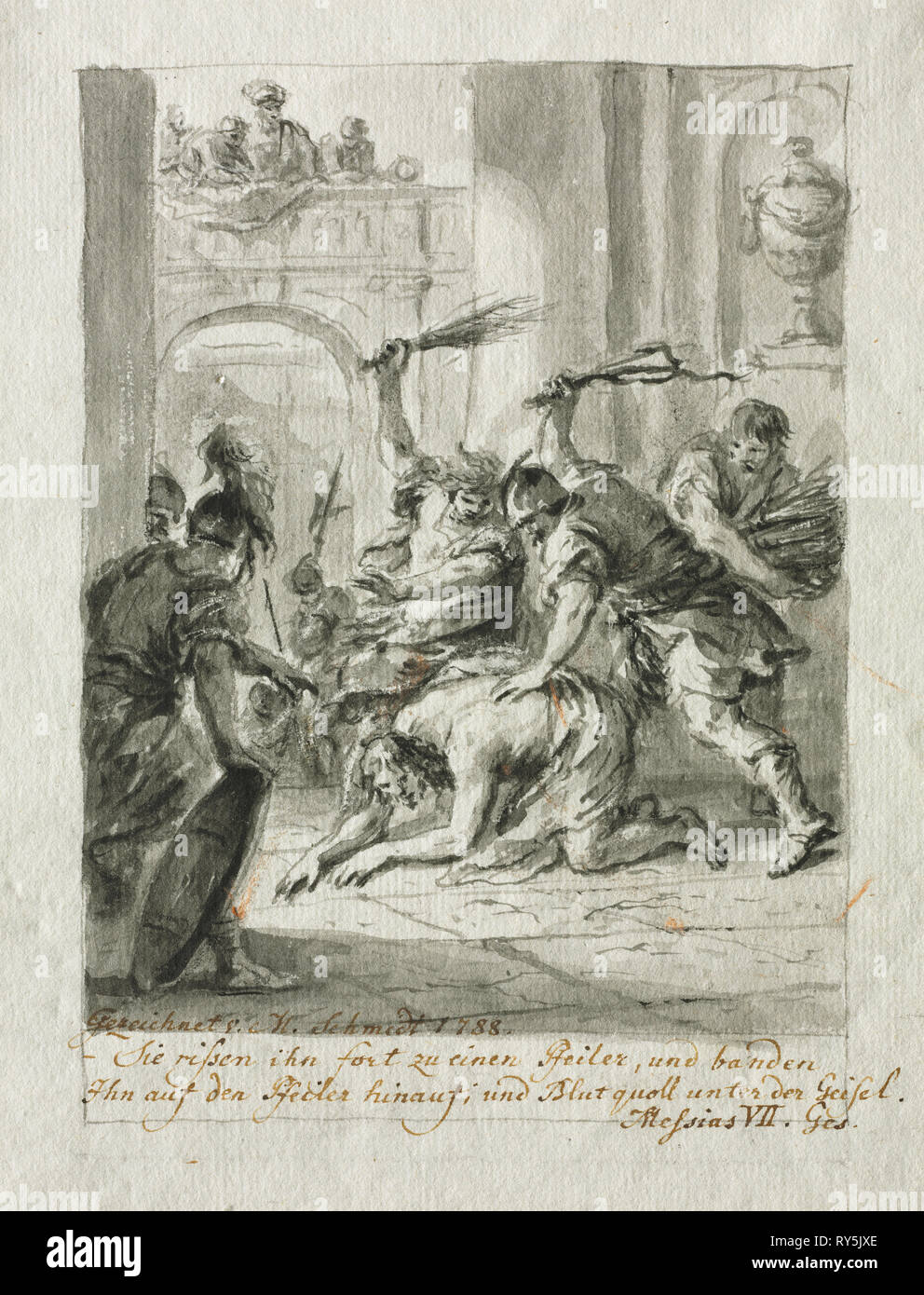 La flagelación, 1788. Johann Martin Schmidt (Austria, 1718-1801). Pincel y tinta gris y gris lave con tiza negra Foto de stock
