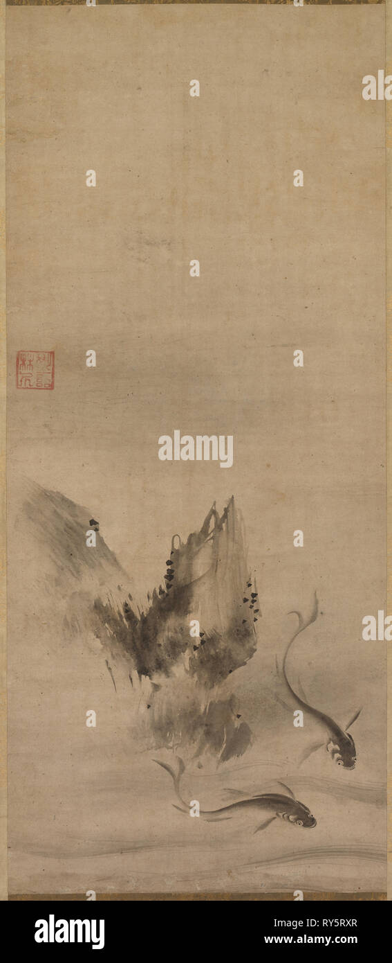 Los peces y roca; peces y algas, siglo XVI. Rinkyo (japonés). Par de pergaminos colgantes: tinta sobre papel; total: 139,7 x 42,6 cm (55 x 16 3/4 pulg Foto de stock