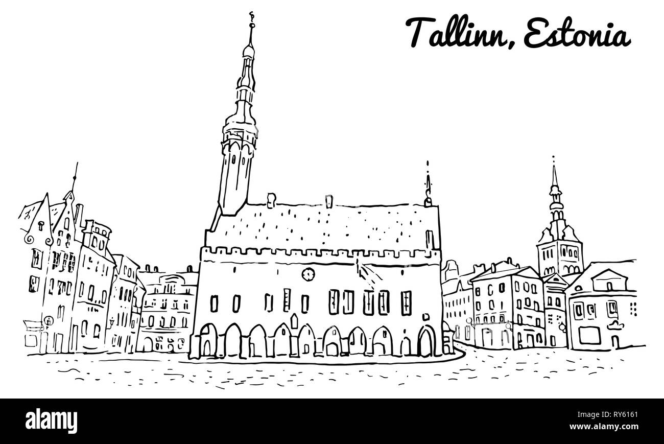 Plaza del Ayuntamiento en el casco antiguo de Tallin. Dibujados a mano mediocre estilo minimalista ilustración esquema con una inscripción. La arquitectura histórica, St. Foto de stock