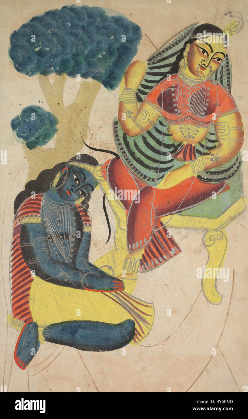 Radha Krishna acariciando sus pies, 1800. La India, Calcuta, Kalighat, pintura del siglo XIX. Negro de tinta, acuarela con grafito underdrawing Foto de stock