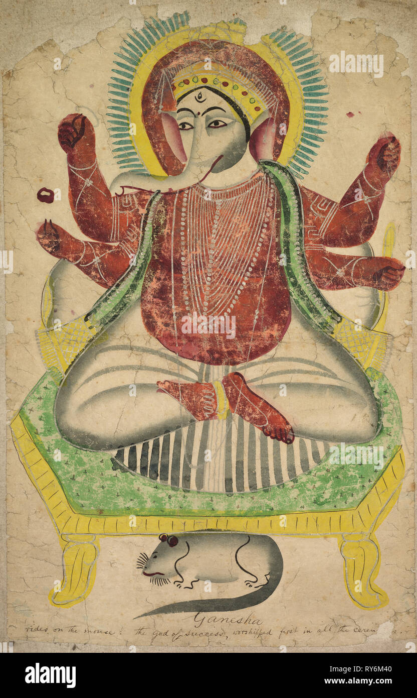 Ganesha, 1800. La India, Calcuta, Kalighat, pintura del siglo XIX. Acuarela, tinta negra, y estaño, pintura sobre papel Foto de stock
