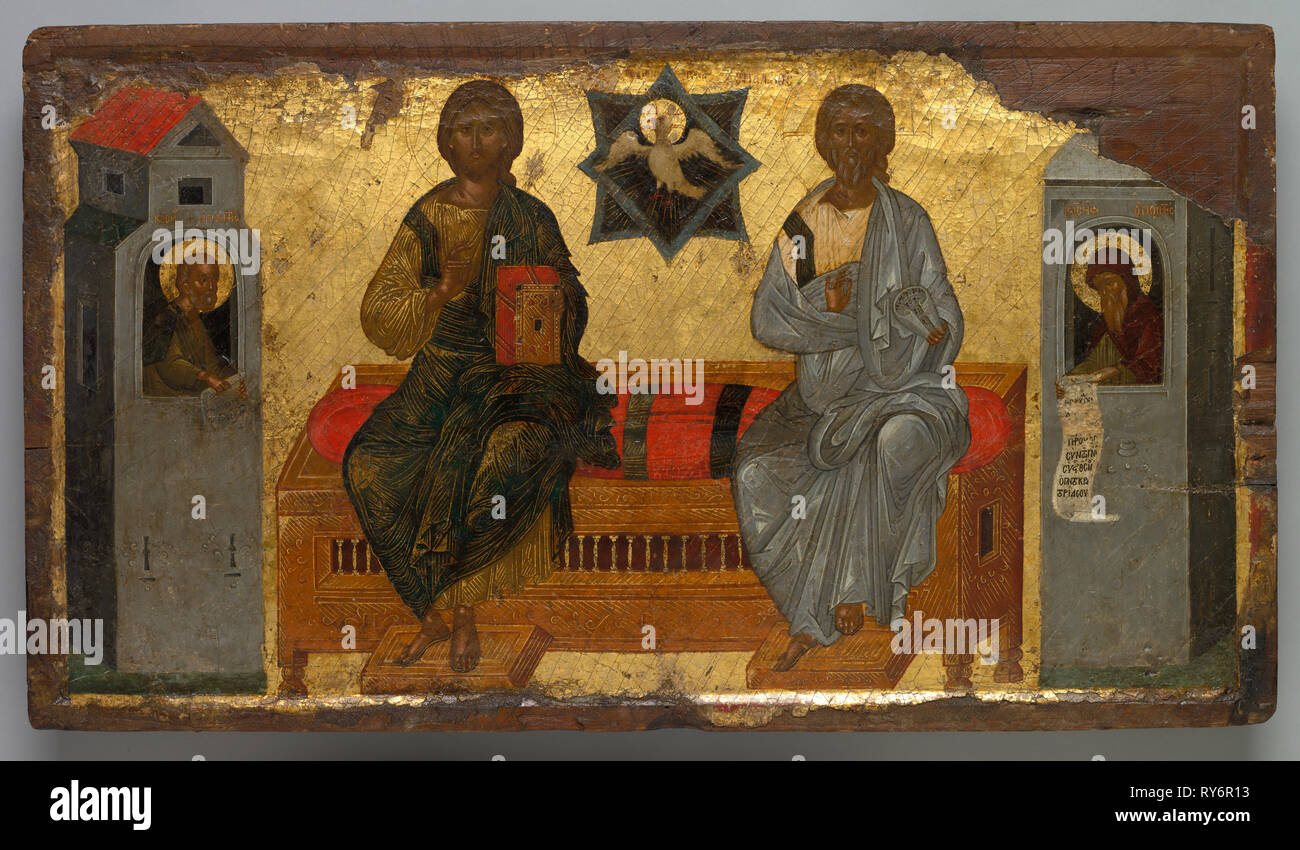 Icono de la Trinidad, el Nuevo Testamento c. 1450. En Bizancio, Constantinopla. Témpera y oro sobre panel de madera (álamo Foto de stock