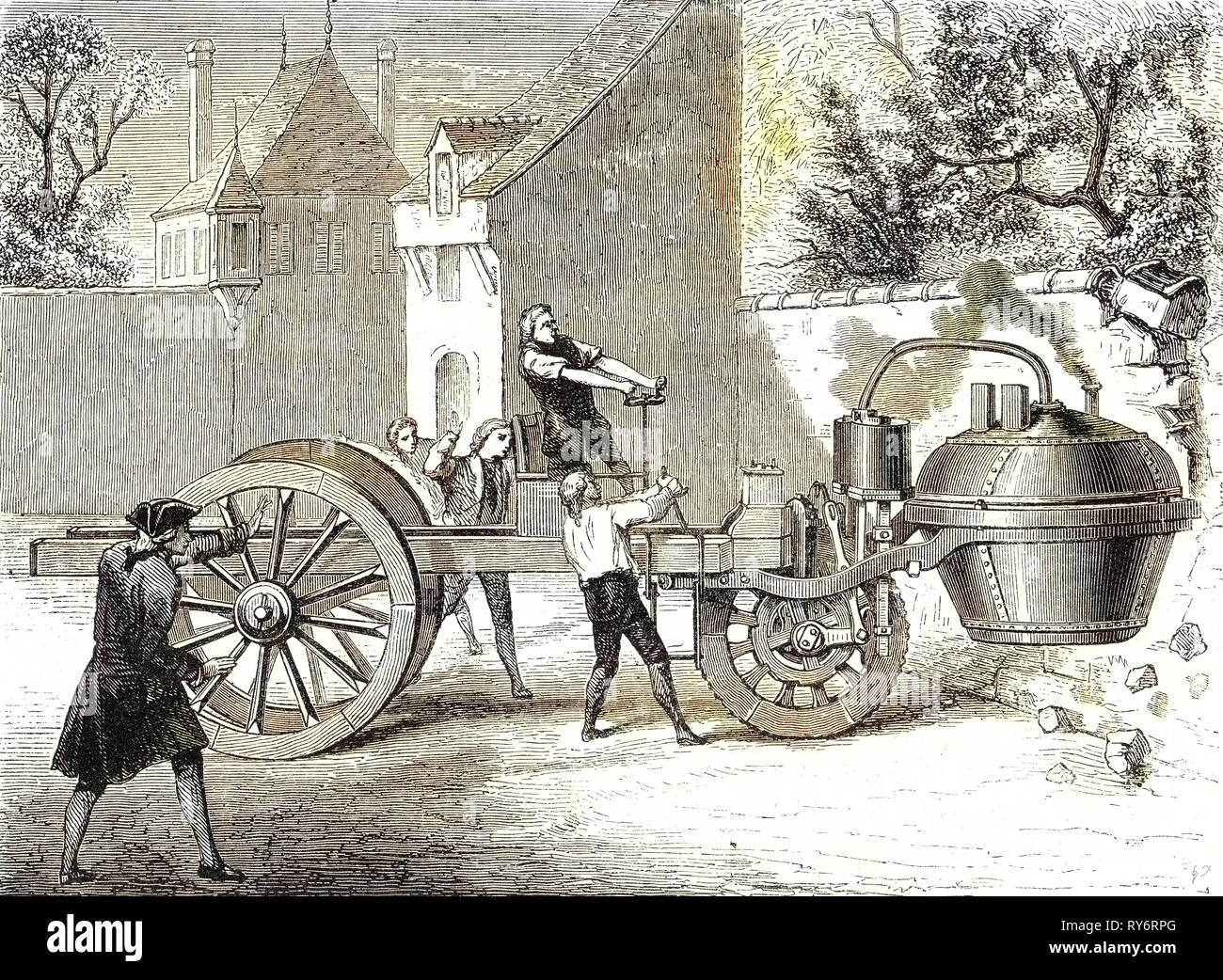 El primer coche de vapor por el inventor Cugnot probados en el Arsenal en París en 1770 Foto de stock